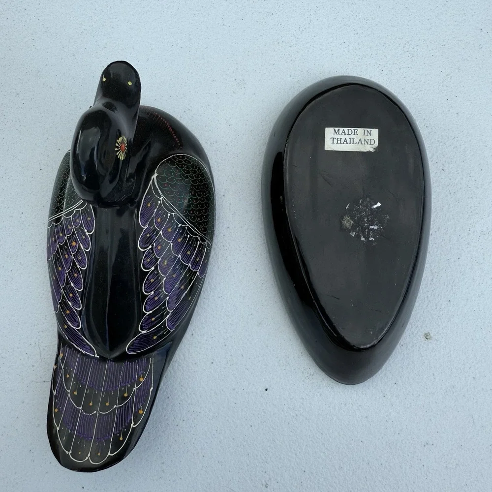 Black Lacquer Hand Painted Wood DUCK Trinket Jewelry Box Thailand  7 Inches‎